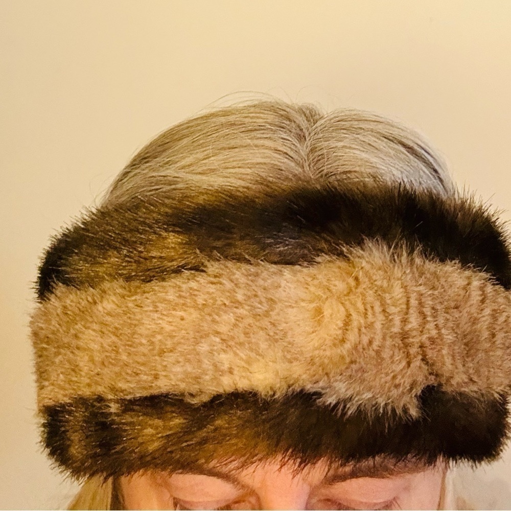 PARKHURST HEADBAND FAUX FUR TWO TONE BROWN STRAPBACK WARMER ONE SIZE Vintage